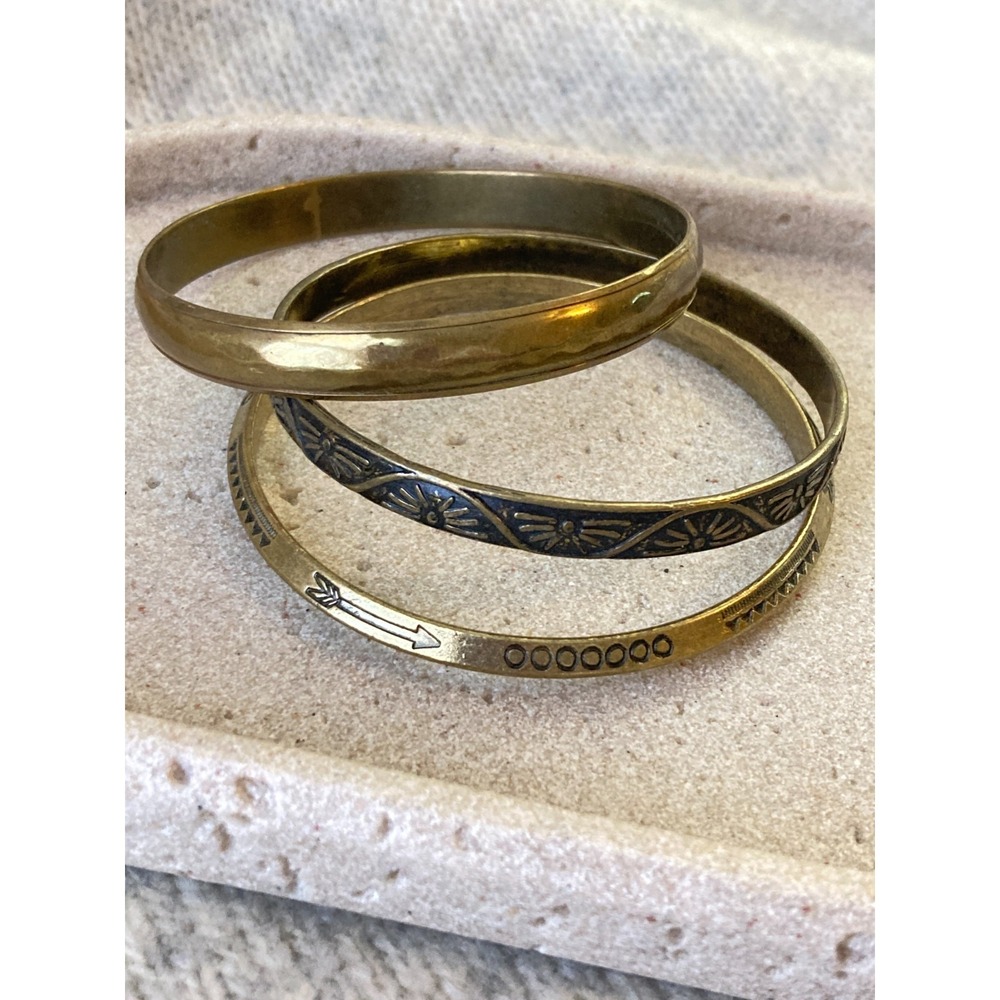 Brass Tone Bangle Bracelet Set of 3 Etched Floral Arrow Boho Stackable Layering